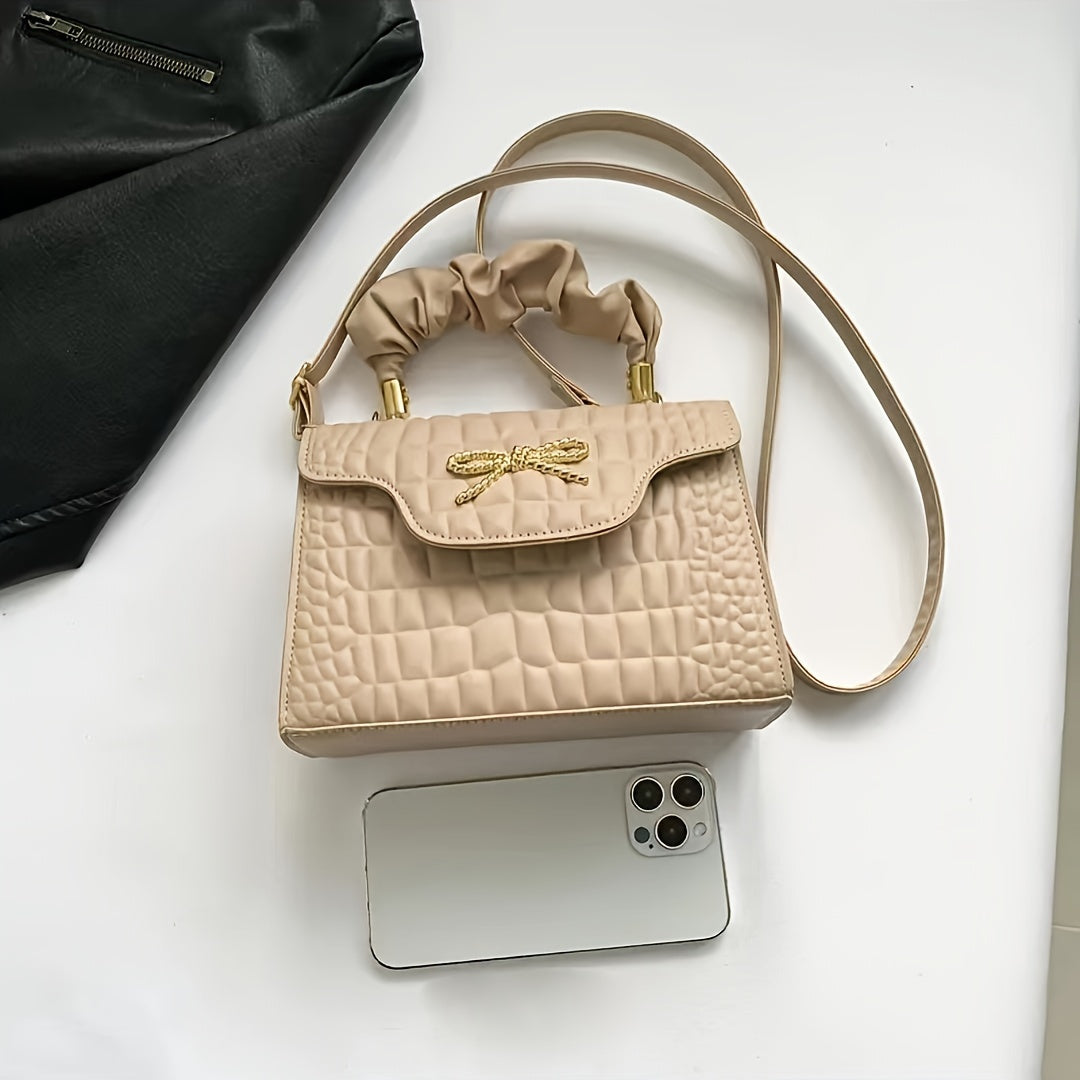Vibrant Retro Crocodile Pattern Chic Shoulder Bag - Compact, Versatile, Fashionable, Everyday Wear with Bowknot Detail, Casual Street Style, and Chic Design - Perfect for Women's Daily Use